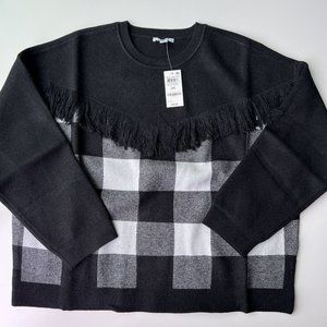 BAR III Womens Sweater Plus Size 2X Buffalo‎ Check Fringe Trim Black White